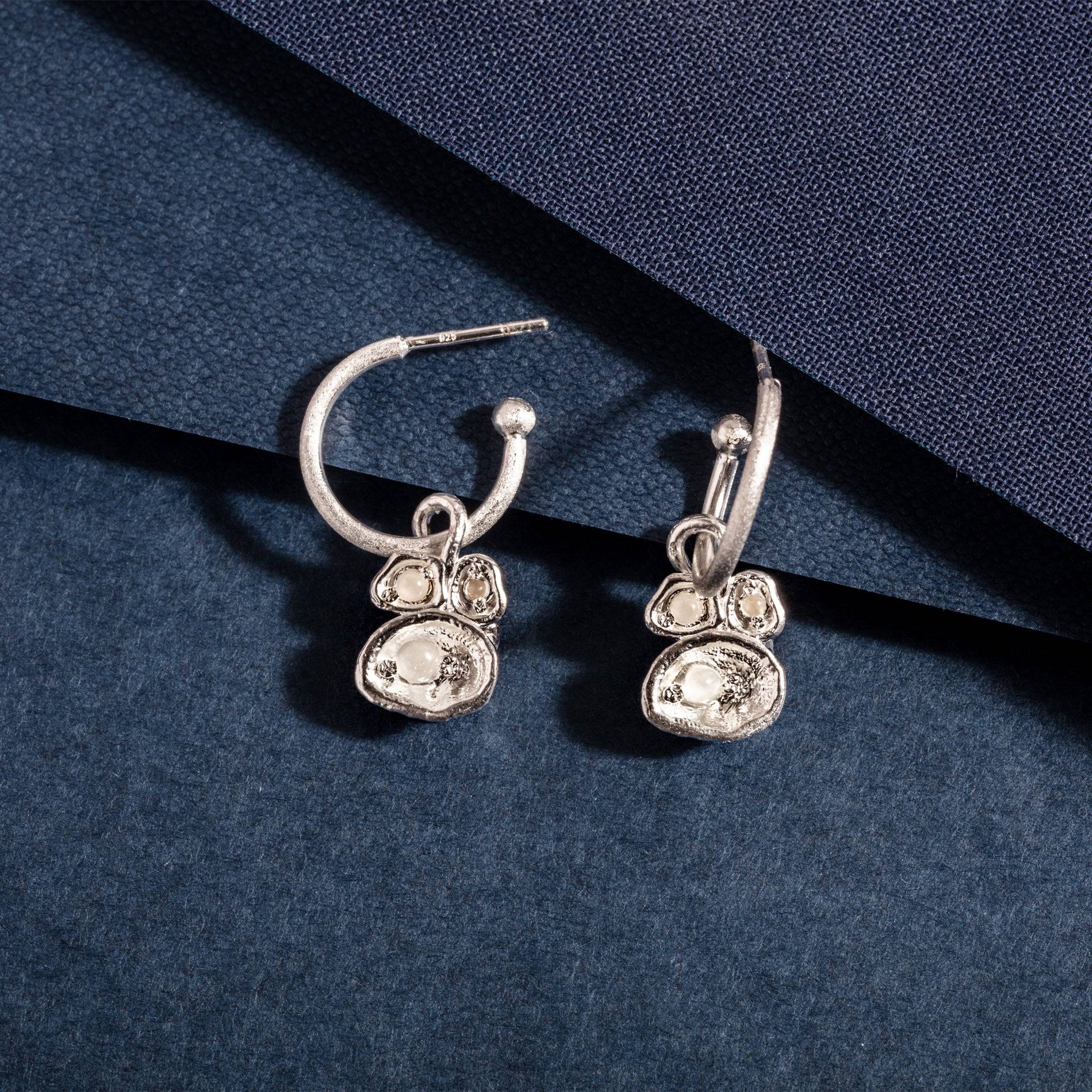 Moonstone and Silver Lichen Hoop Earrings