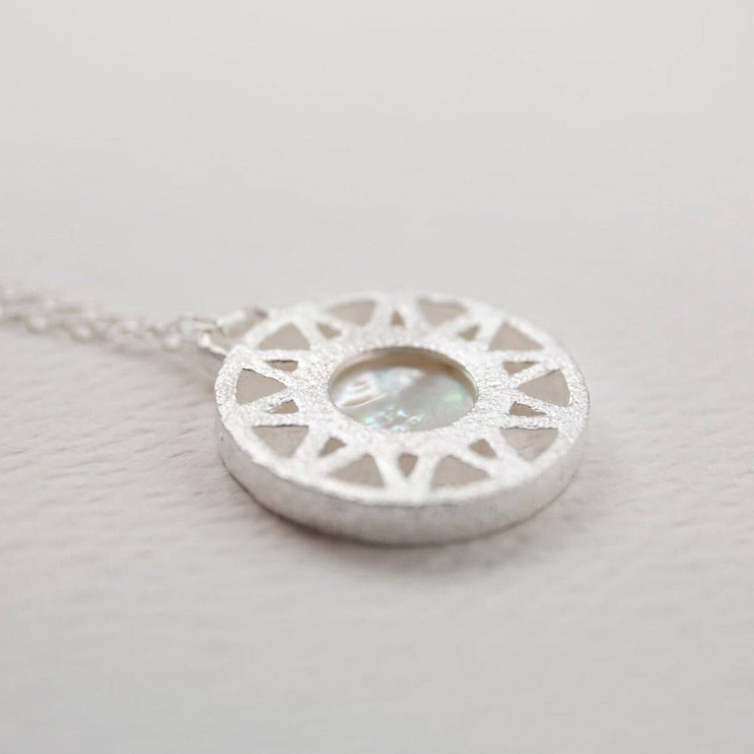 Mother of Pearl and Silver Geometric Disc Necklace - close up