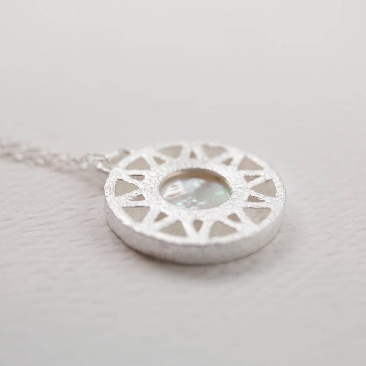 Mother of Pearl and Silver Geometric Disc Necklace - close up