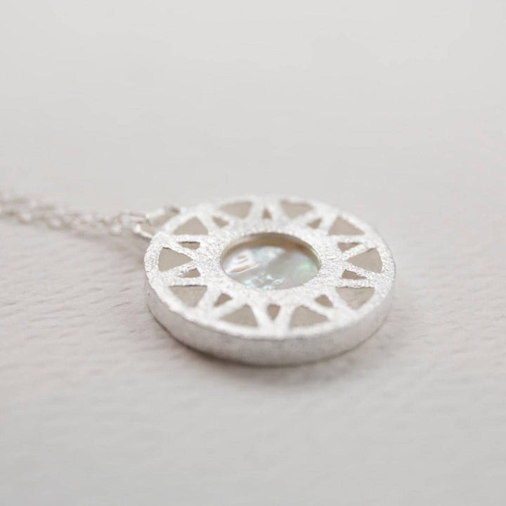Mother of Pearl and Silver Geometric Disc Necklace - close up