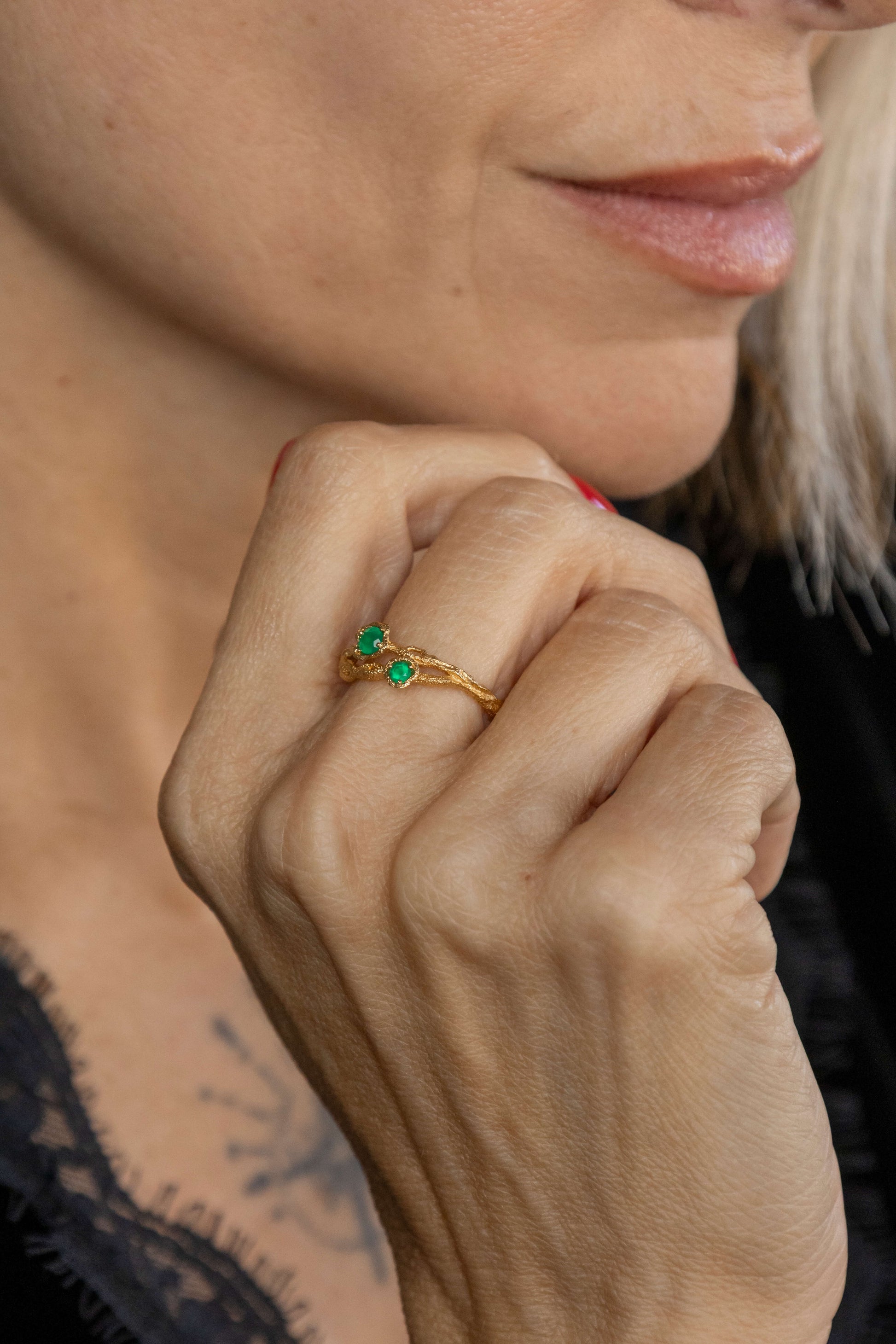 Twisted Branch Green Chalcedony Ring