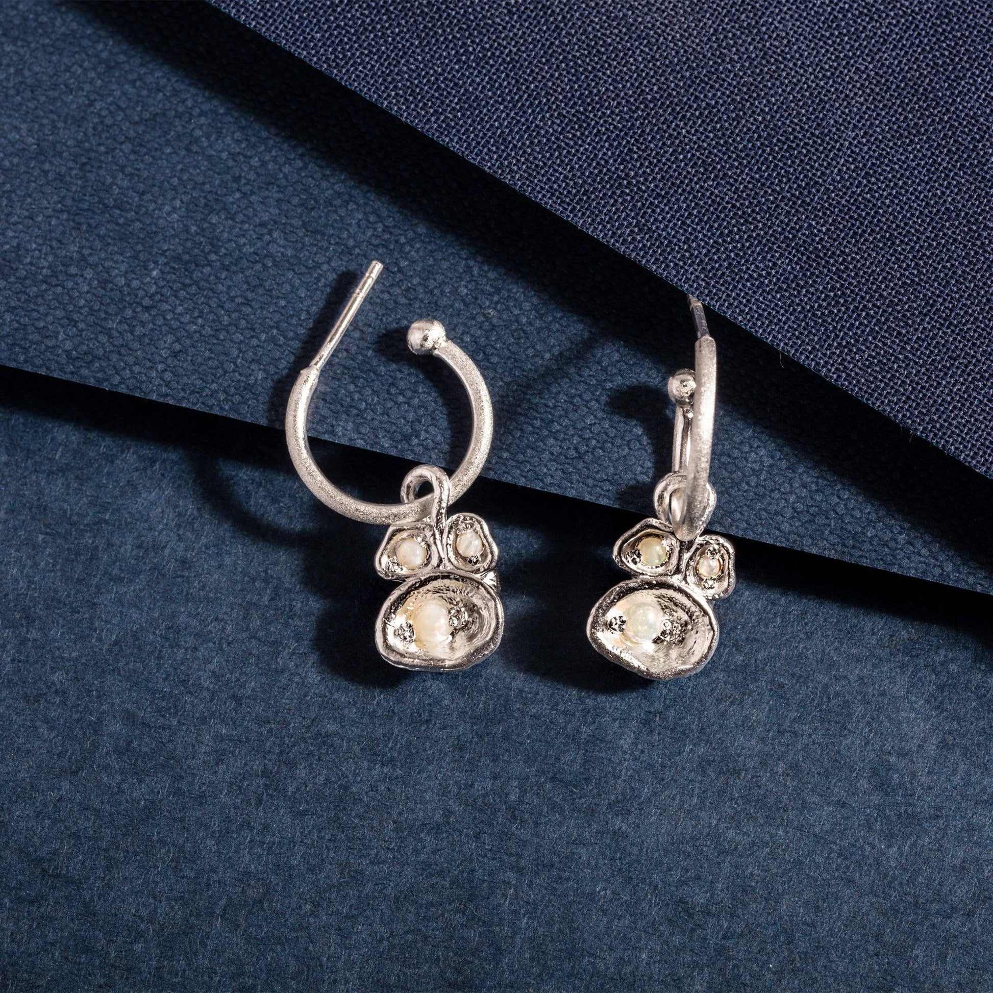Opal and Silver Lichen Birthstone Hoop Earrings