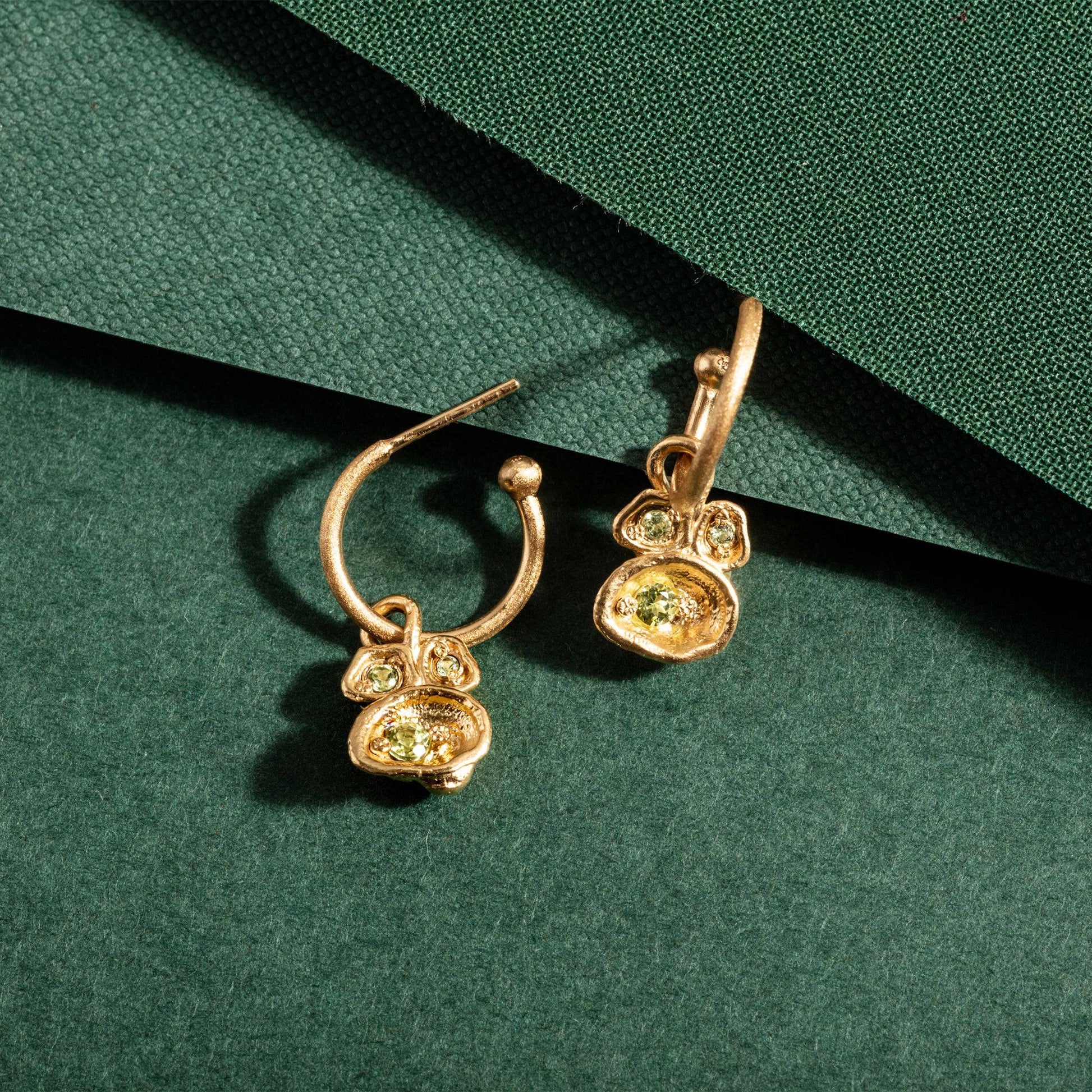 Peridot and Gold Vermeil Lichen Birthstone Hoop Earrings