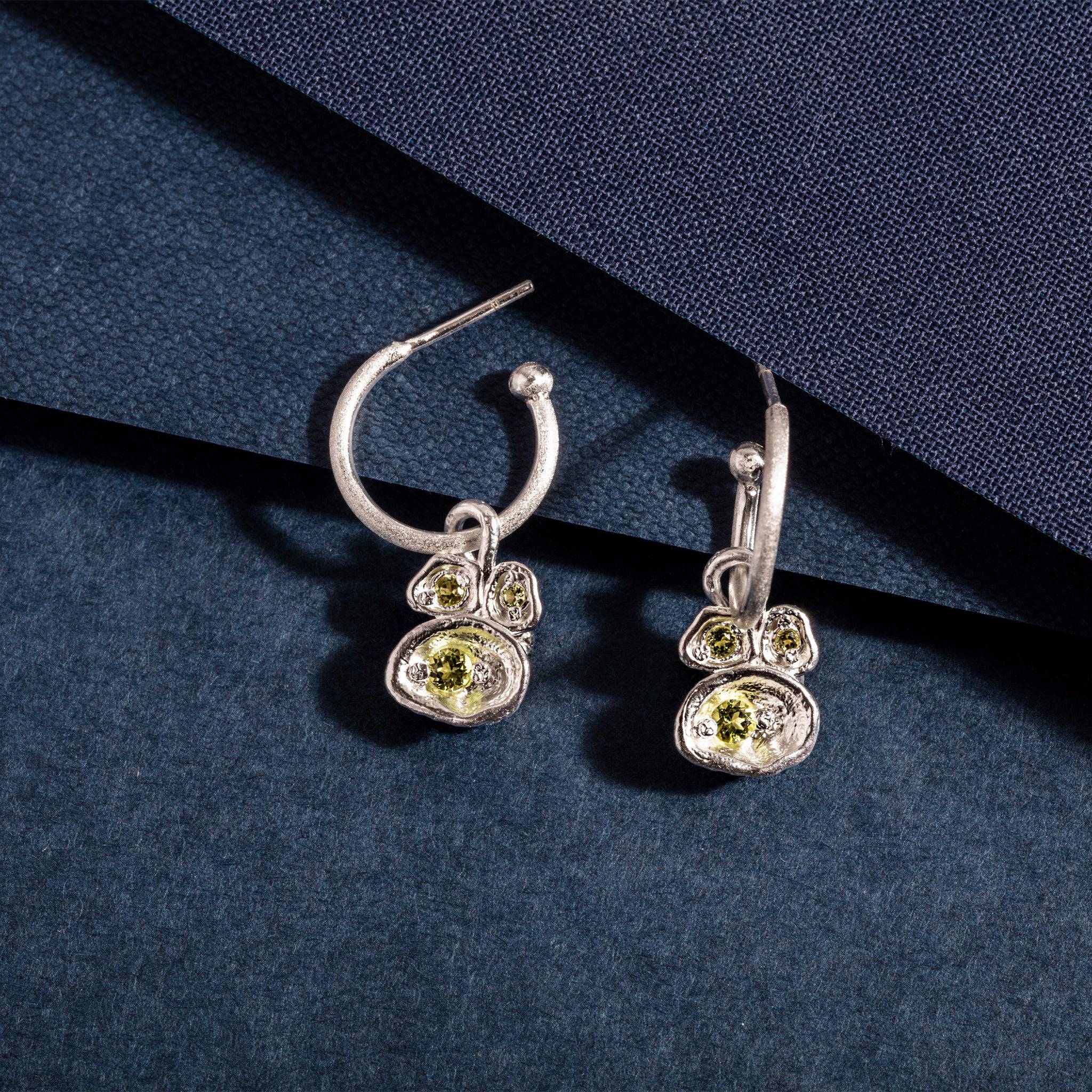 Peridot and Silver Lichen Hoop Birthstone Earrings