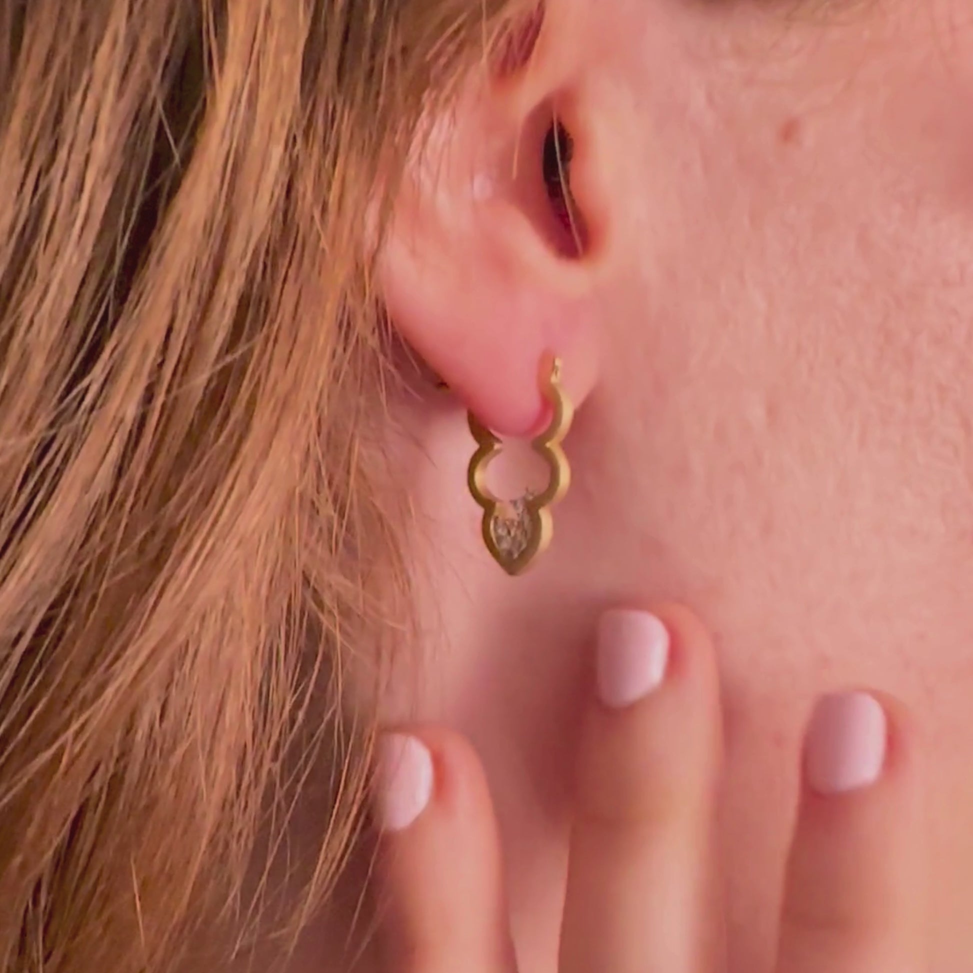 model wears Sparkly 18k Gold Vermeil Cloud Hoop Earrings - Claire Hill Designs