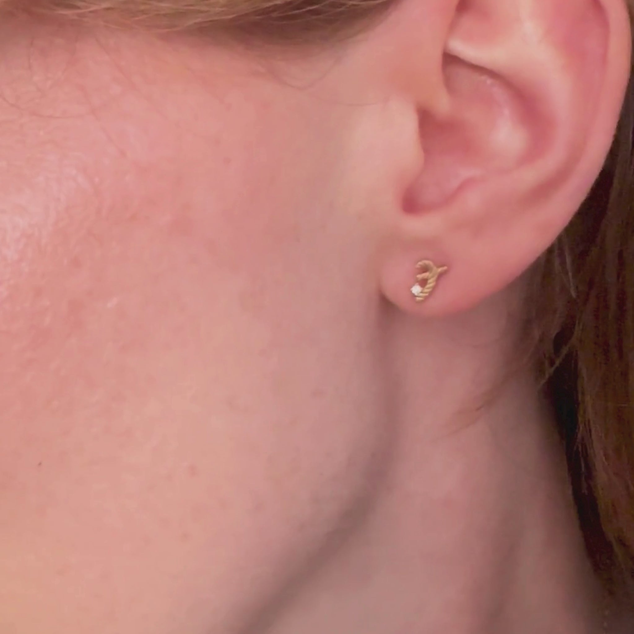 model wears 14k Gold Vermeil Shorthand Stud Earring meaning Great - Claire Hill Designs