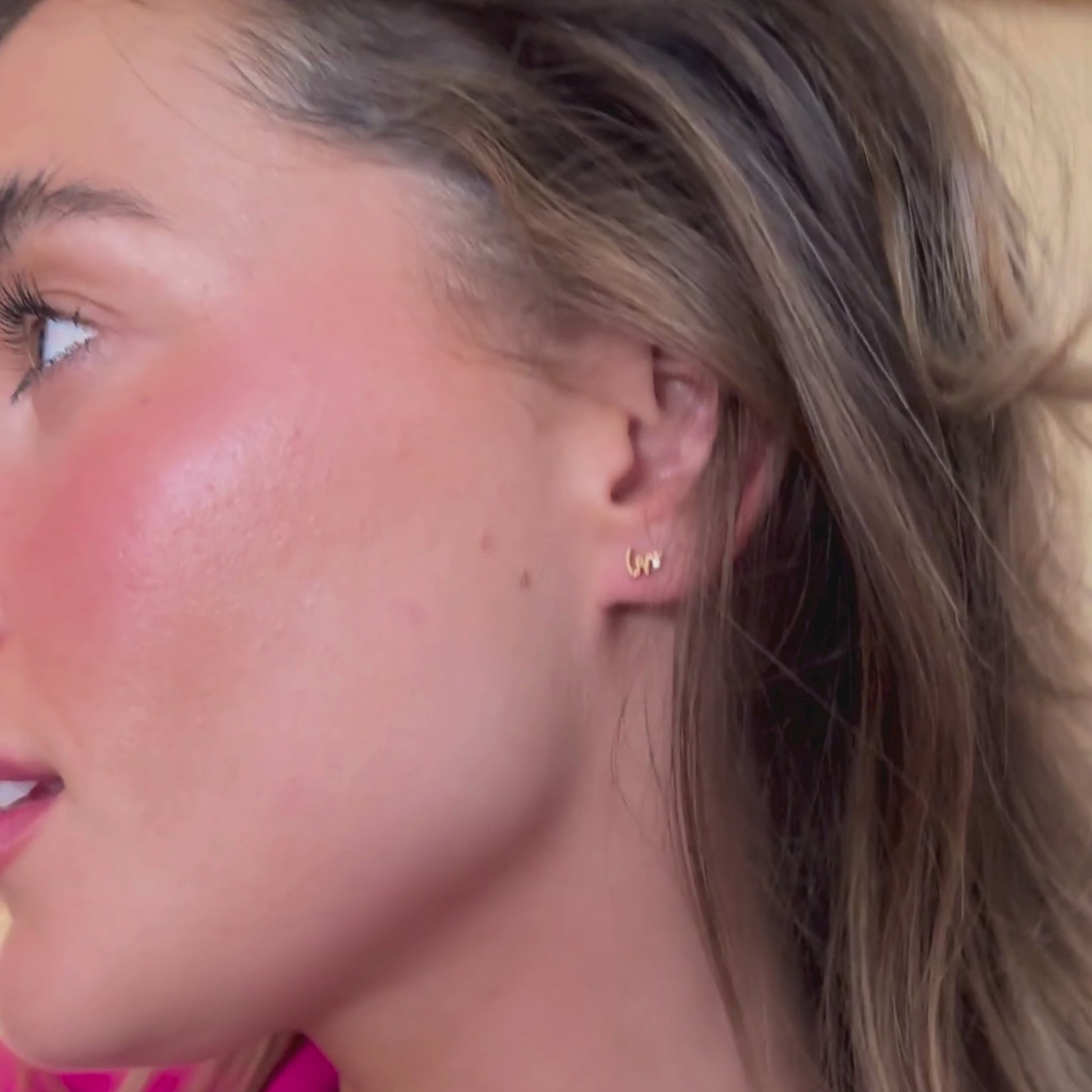 model wears 14k Gold Vermeil Shorthand Stud Earring meaning Loved - Claire Hill Designs