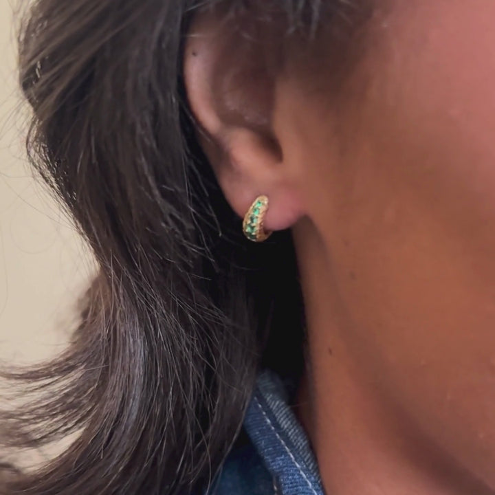 Model wears Emerald and 18k Gold Vermeil Antique Textured Huggie Hoop Earrings - Claire Hill Designs