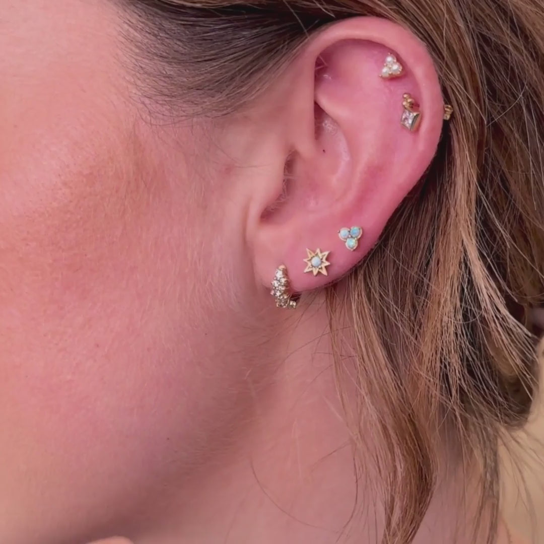 Ear Stack with Sparkly Galaxy, Opal Star Stud, Triple Opal Studs, Diamond Shape Studs and Triple Pearl Studs   