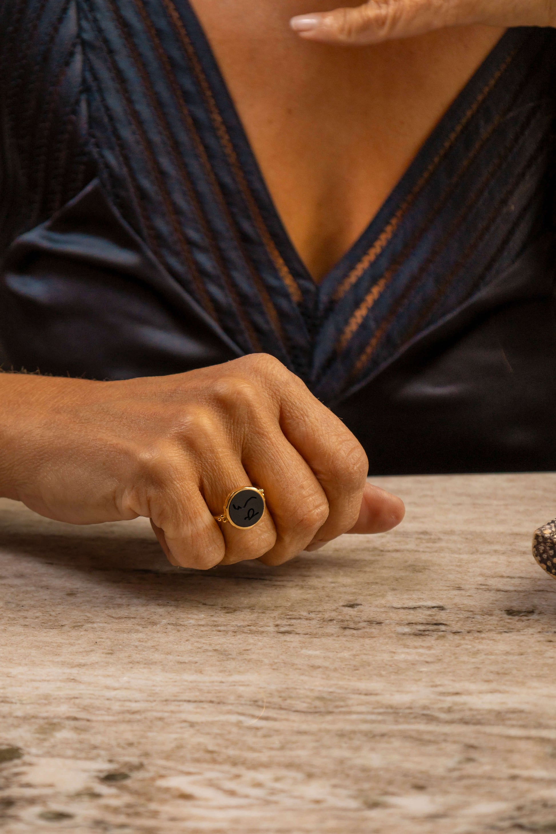 model wears Difficult Woman Onyx Gold Signet  Ring