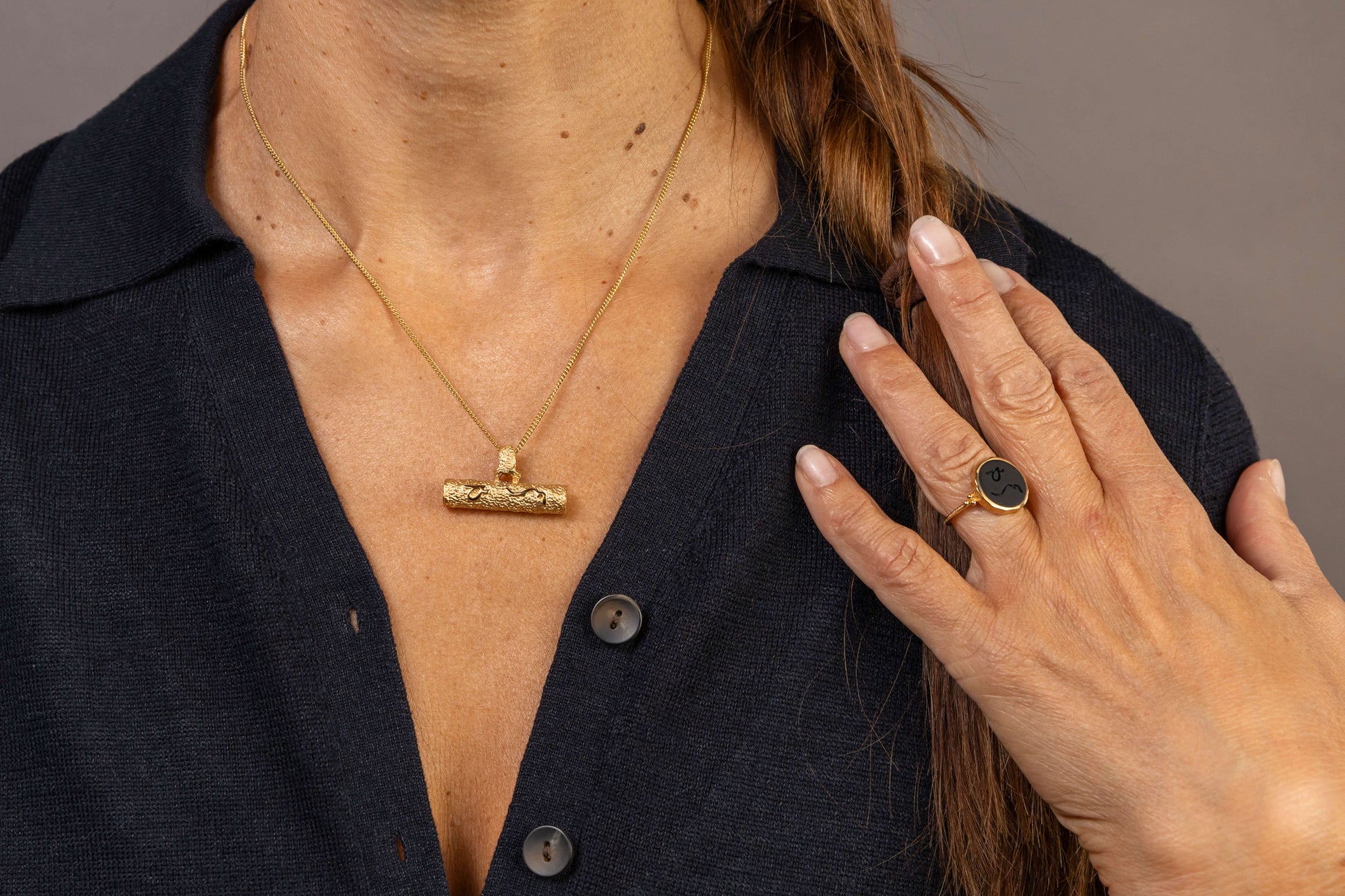 model wears Difficult Woman Onyx Gold Signet  Ring