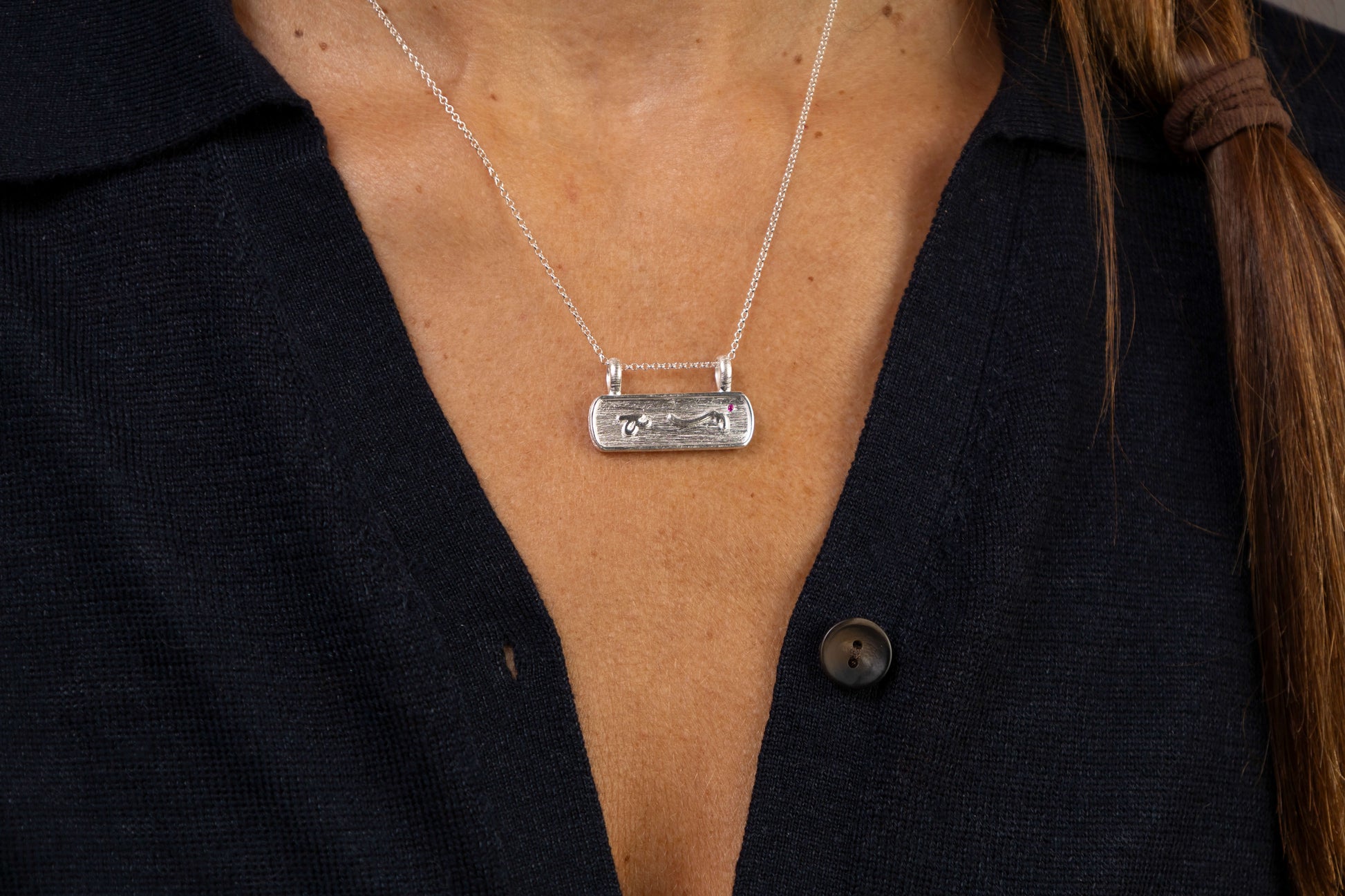 model wears Difficult Woman Silver Bar Necklace - close up