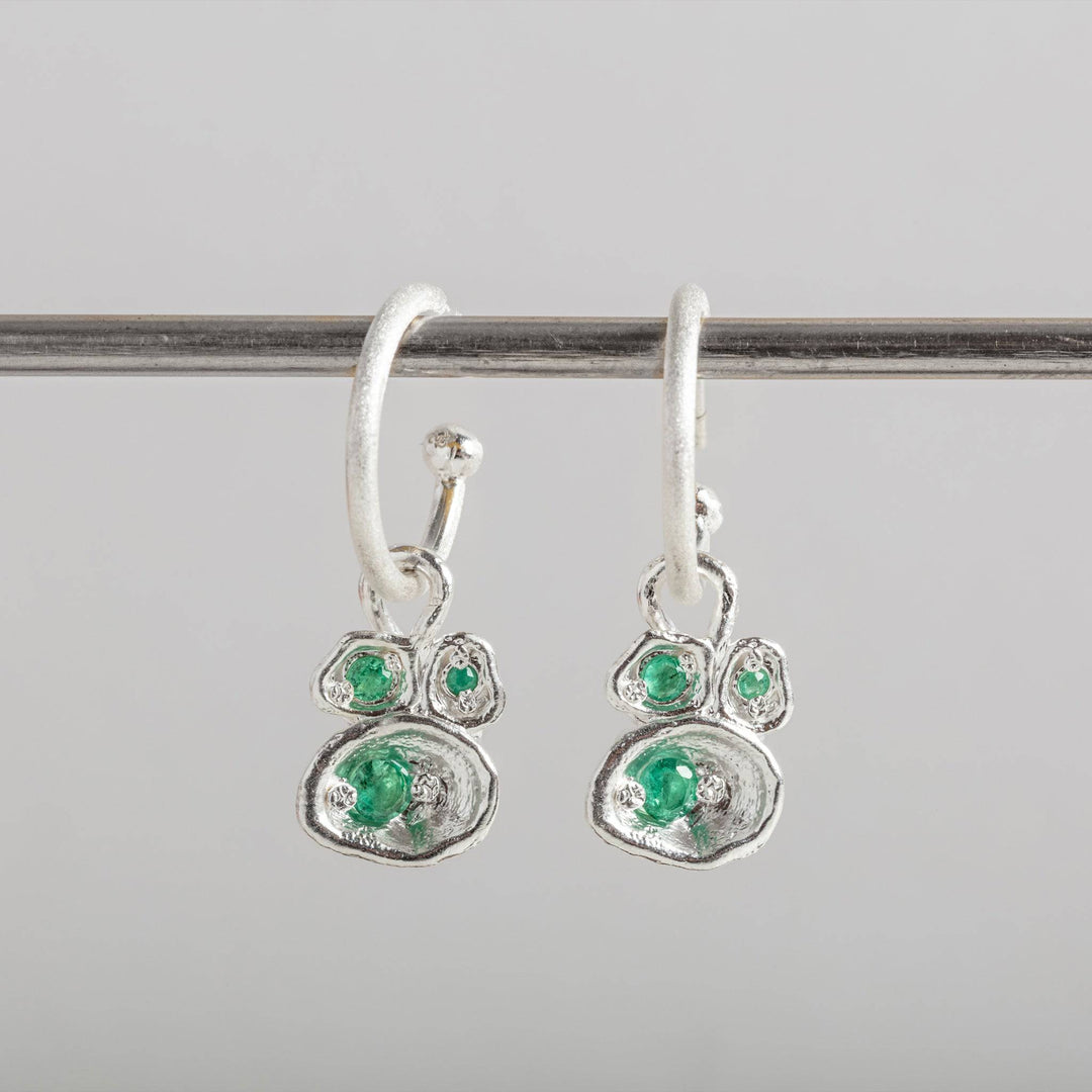 Emerald and Silver Lichen Hoop Earrings