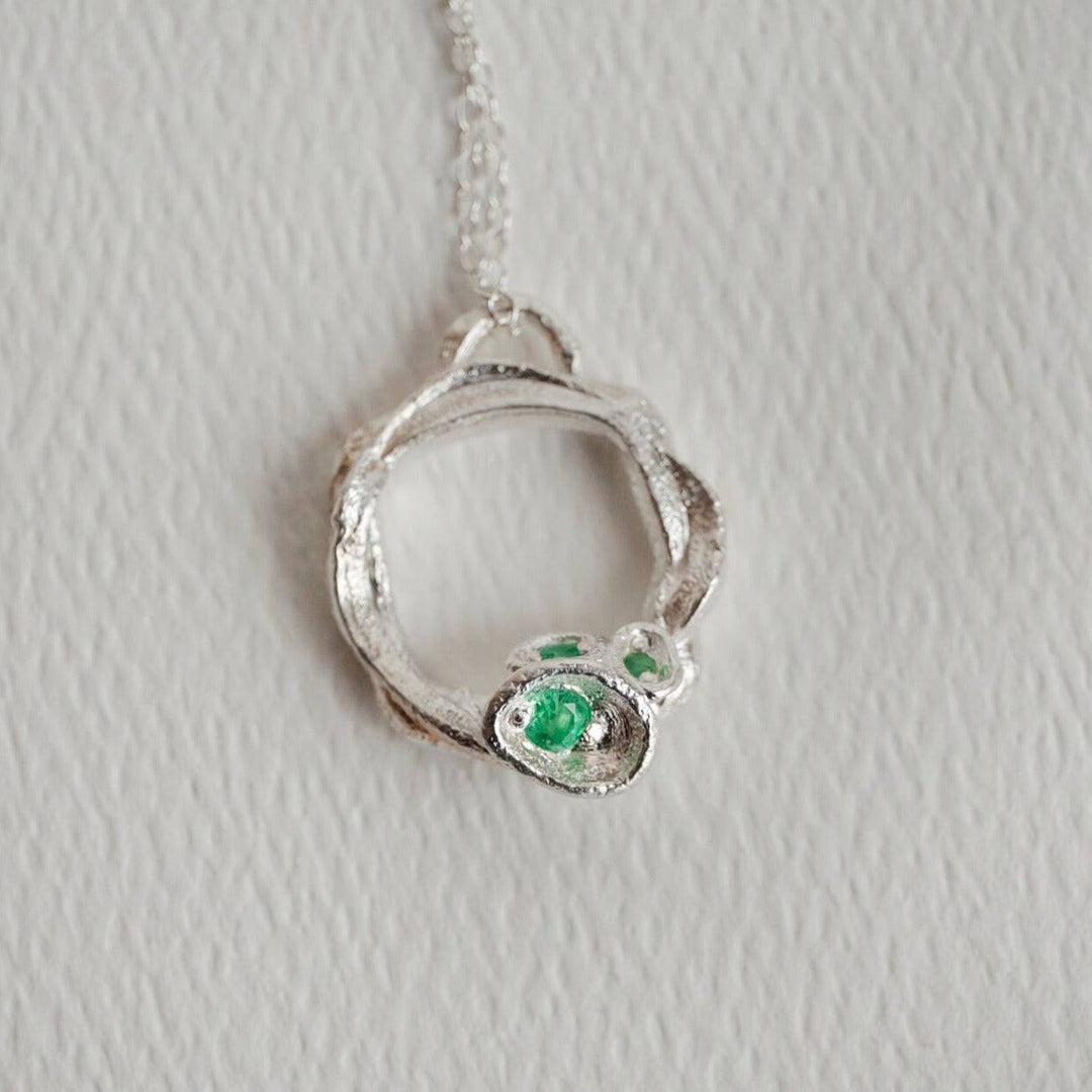 Emerald and Silver Branch Circle Necklace - Large