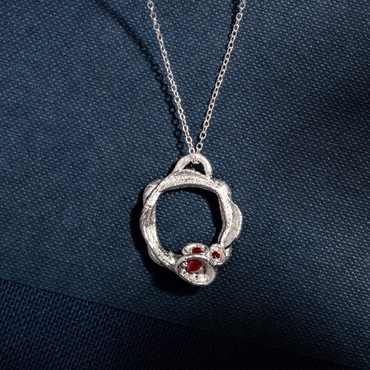 Ruby and Silver Branch Circle Necklace - Large