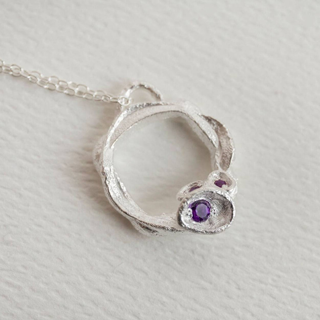 Amethyst and Silver Branch Circle Necklace - Large