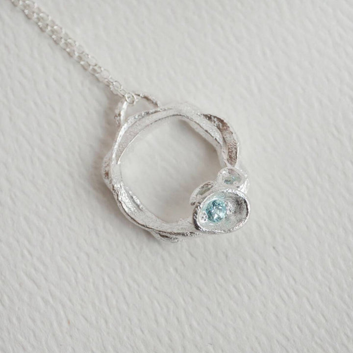 Aquamarine and Silver Branch Circle Necklace - Large