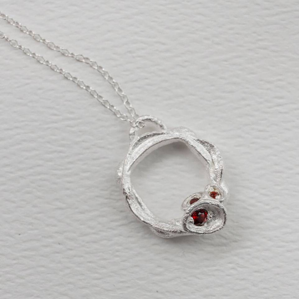 Garnet and Silver Branch Circle Necklace - Large