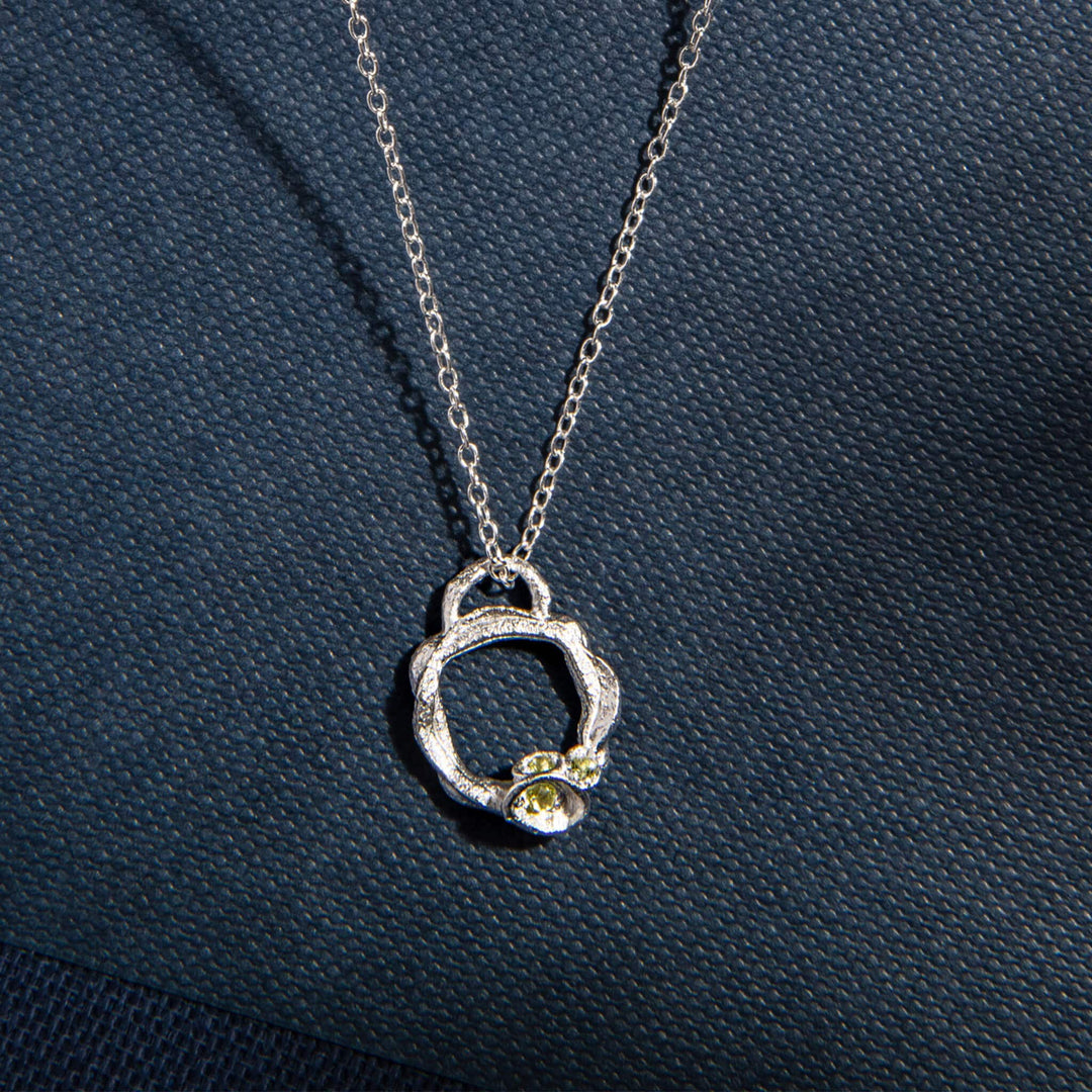 Peridot and Silver Branch Circle Necklace - Small