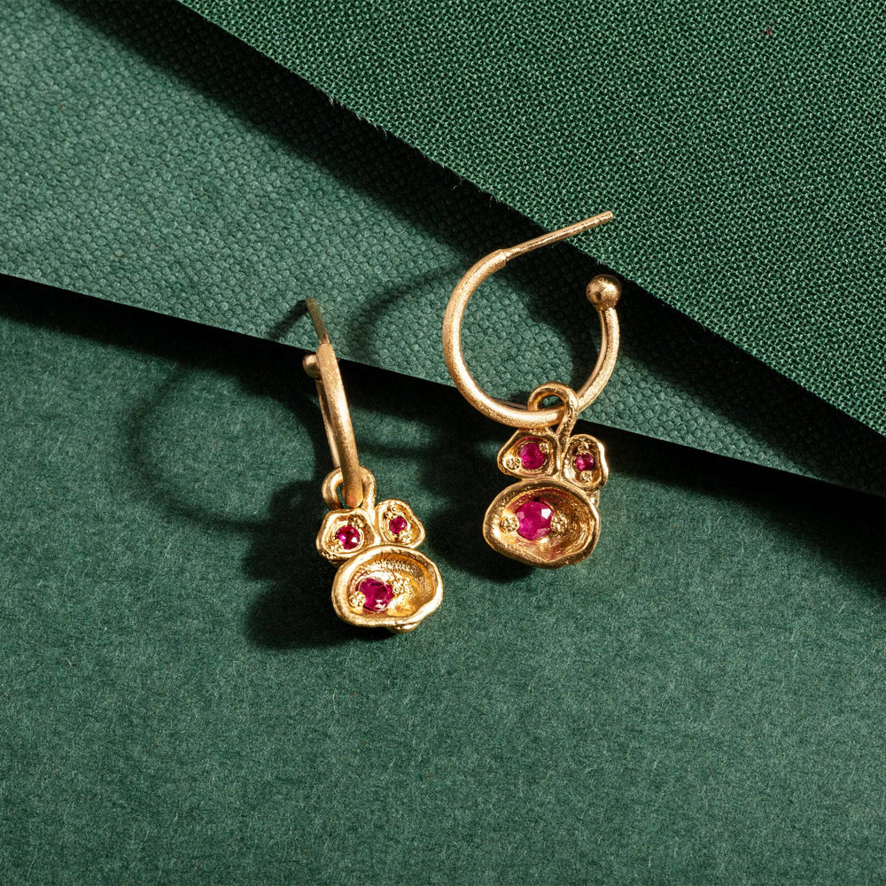 Ruby and Gold Lichen Birthstone Hoop Earrings