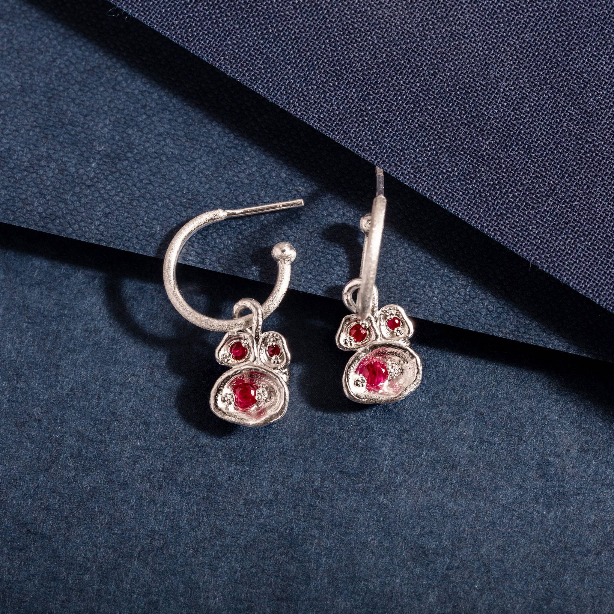 Ruby and Silver Lichen Hoop Birthstone Earrings