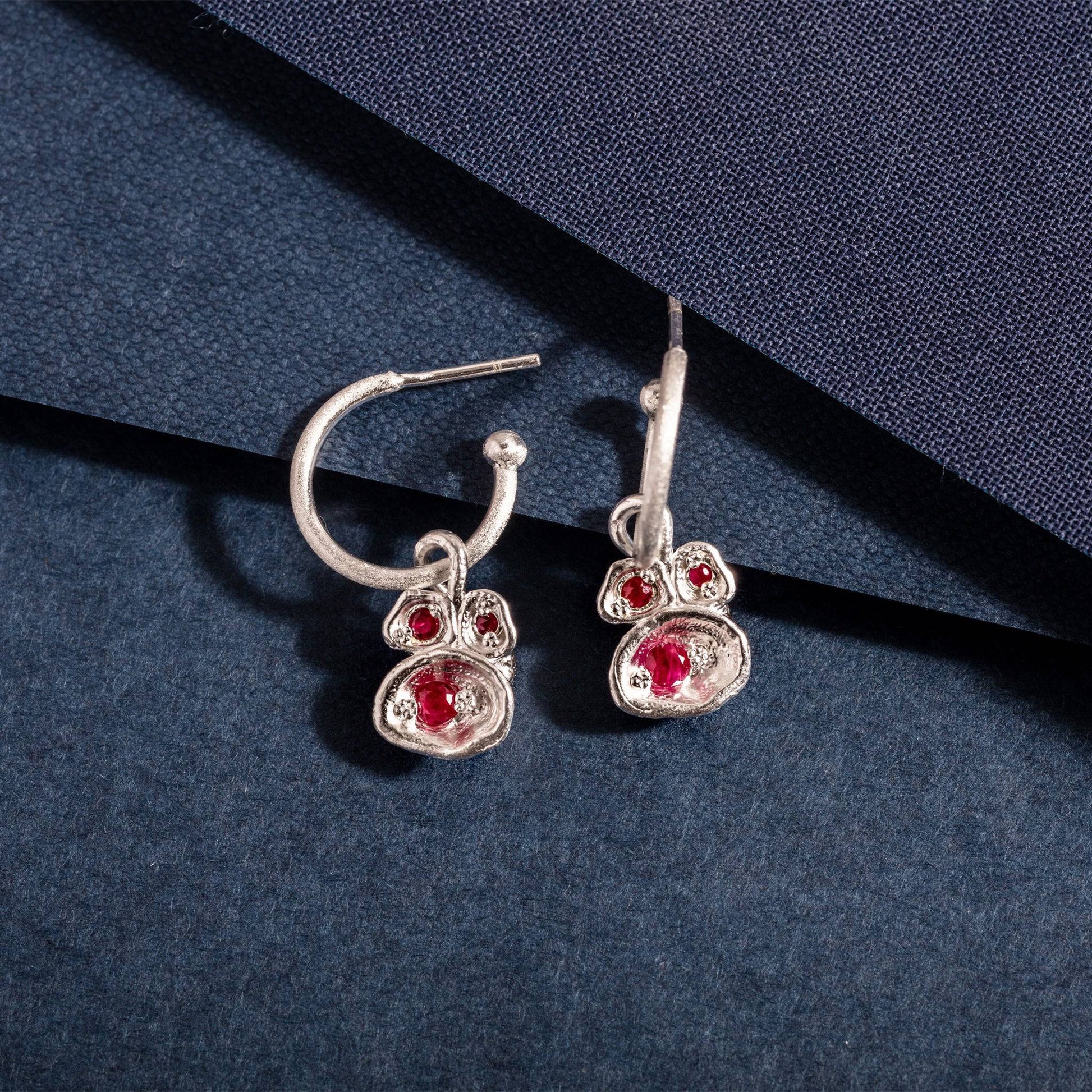 Ruby and Silver Lichen Hoop Birthstone Earrings