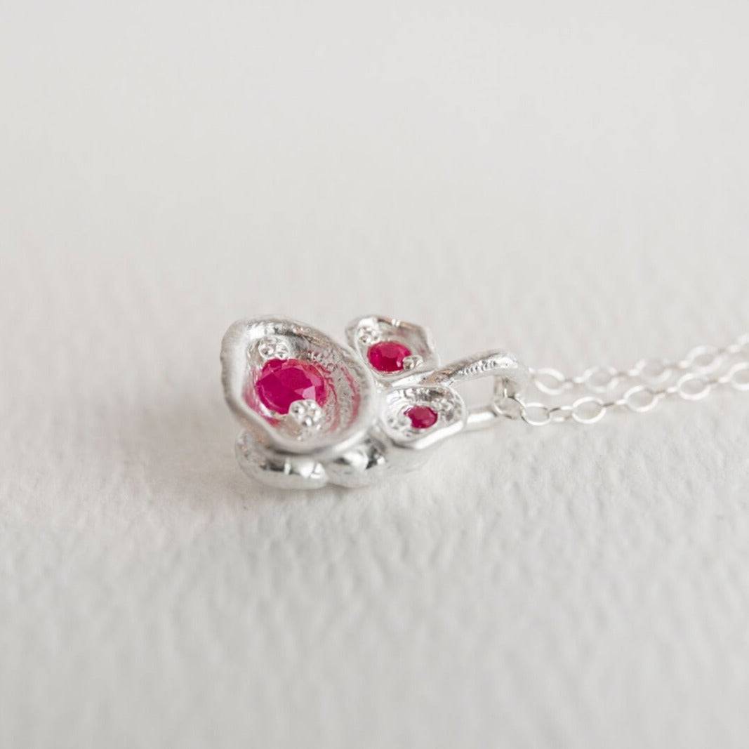 Ruby and Silver Lichen Pendant Birthstone Necklace - close up