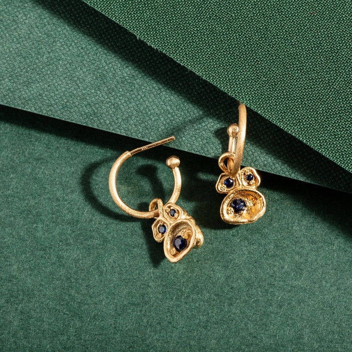 Blue Sapphire and Gold Lichen Birthstone Hoop Earrings