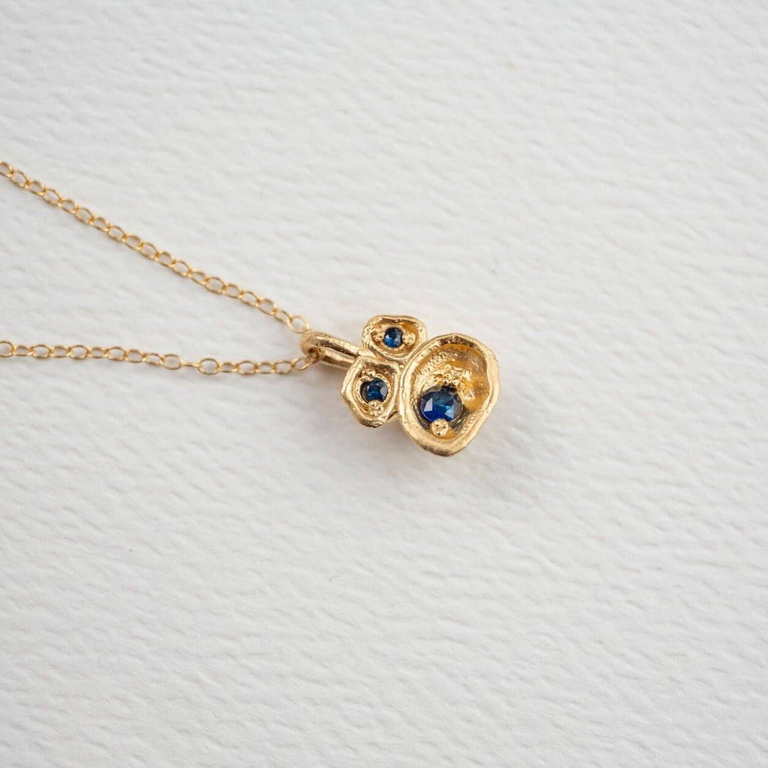 Blue Sapphire and Gold Lichen Birthstone Pendant Necklace