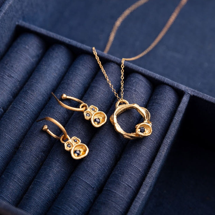 Blue Sapphire and Gold Circle Branch Necklace - Large and Sapphire Gold Vermeil Hoop Earrings
