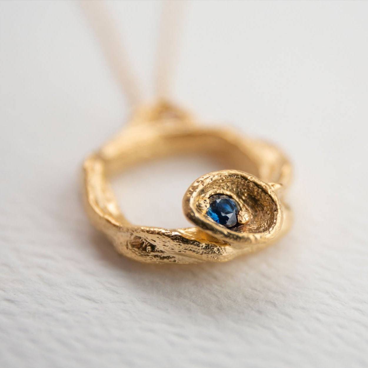 Blue Sapphire and Gold Branch Birthstone Necklace (Small) - close up