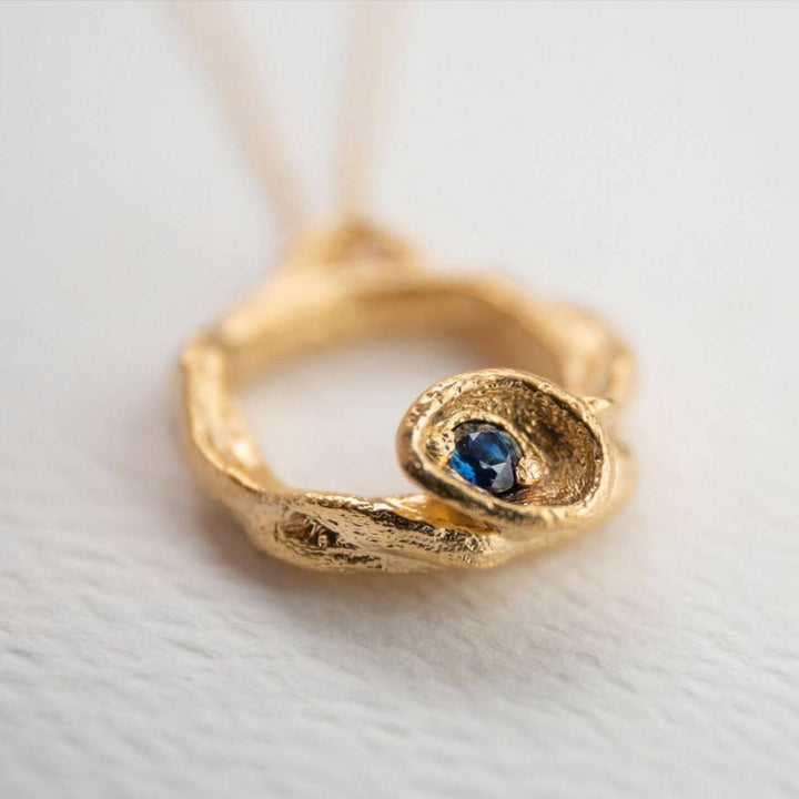 Blue Sapphire and Gold Branch Birthstone Necklace (Small) - close up