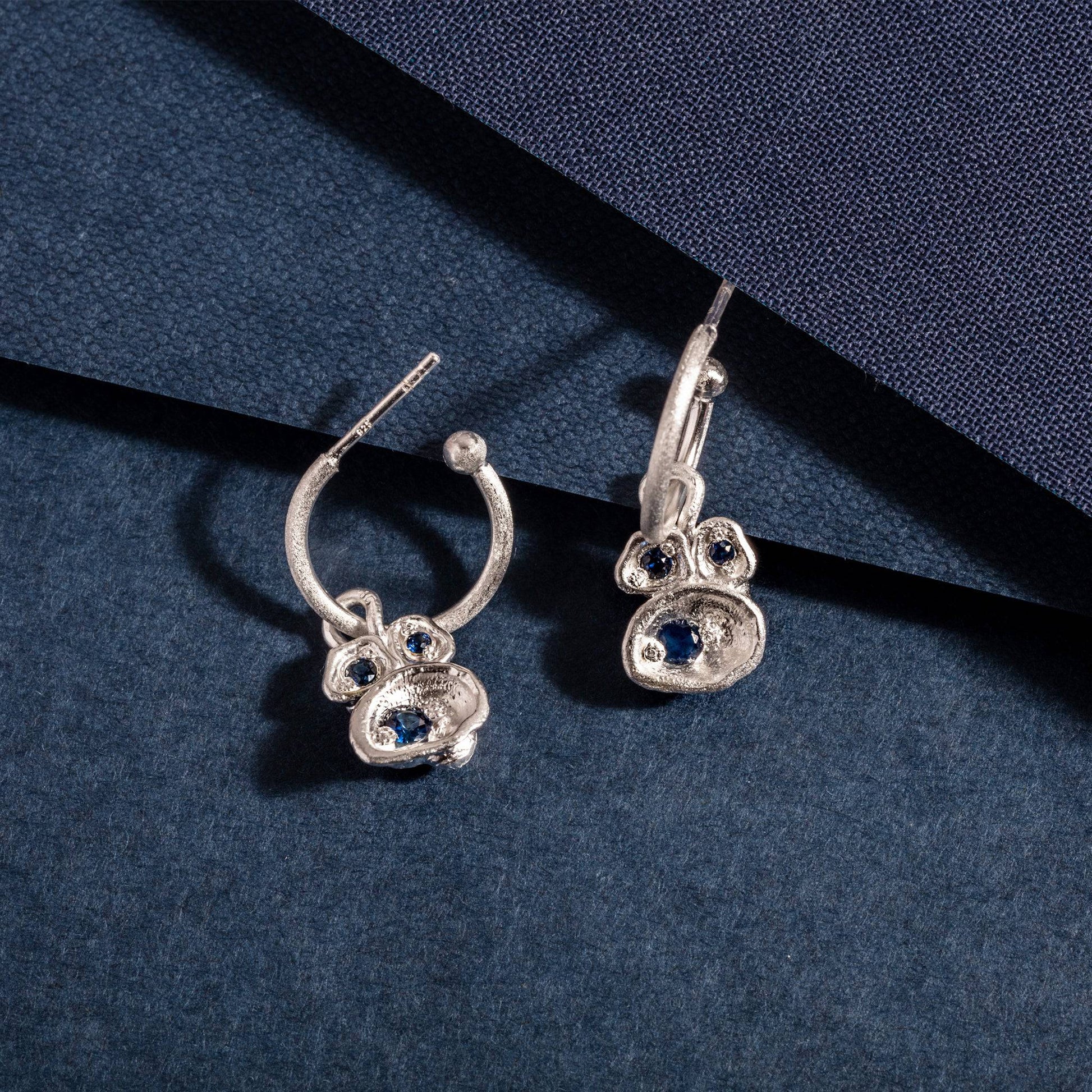 Blue Sapphire and Silver Lichen Birthstone Hoop Earrings