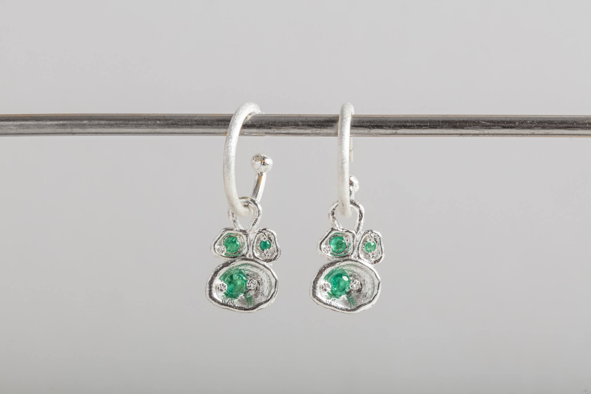 Emerald Silver Lichen Hoop Earrings