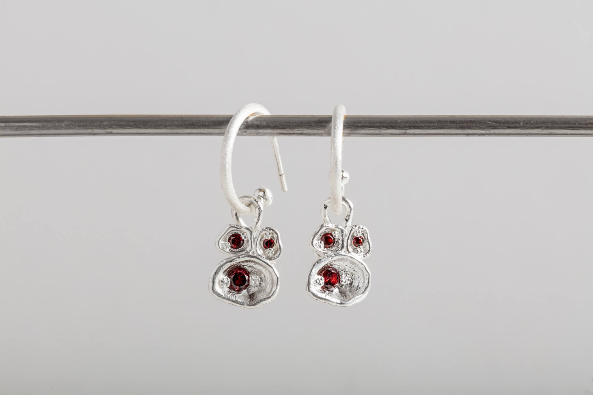 Garnet Silver Lichen Hoop Earrings