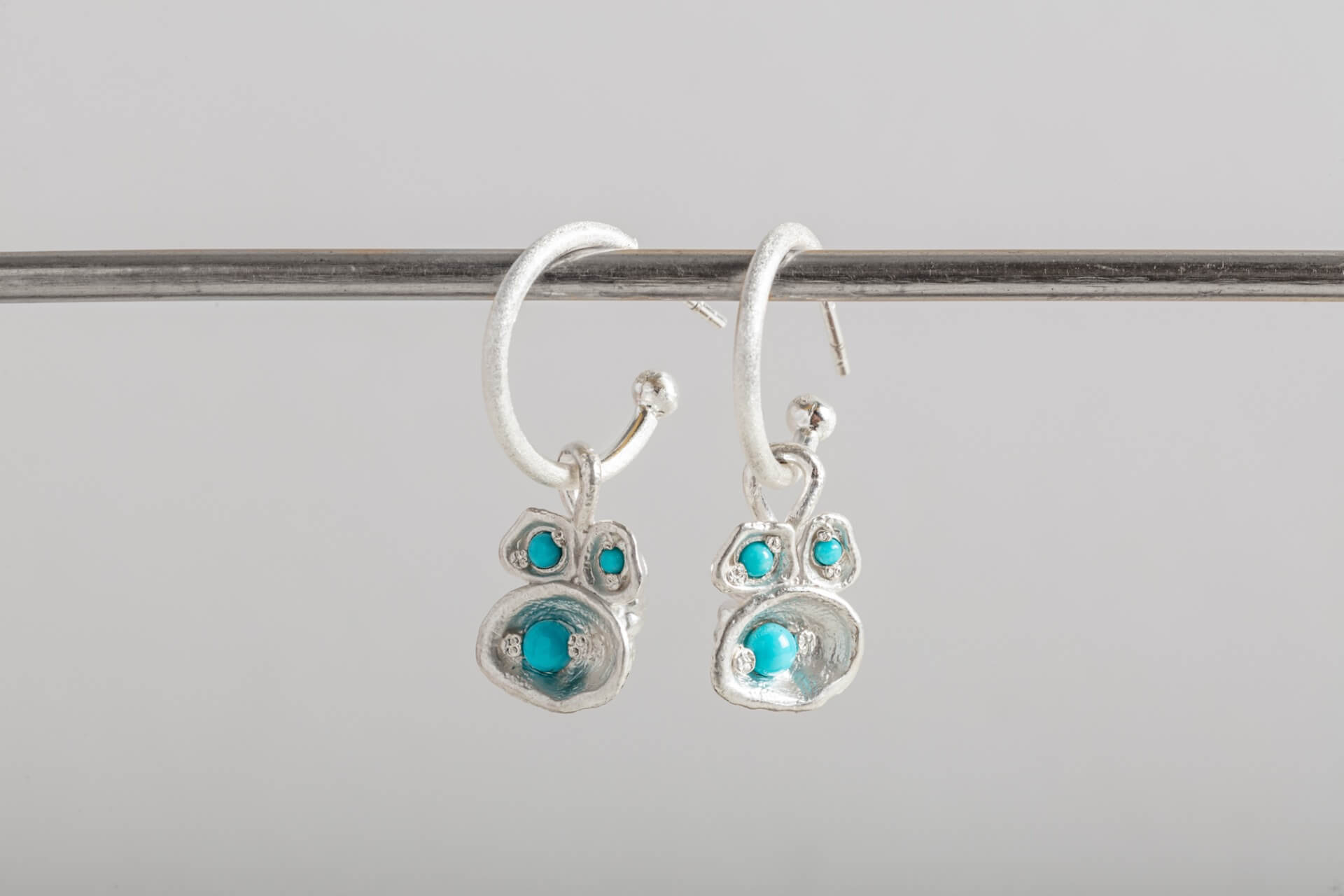 Turquoise Silver Lichen Hoop Earrings