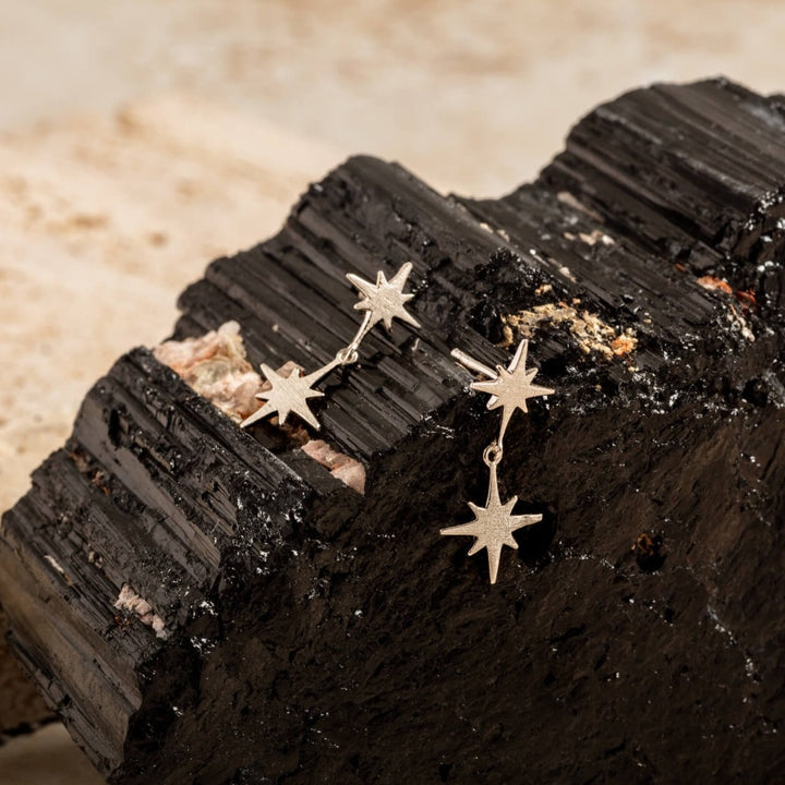 silver brushed double north star stud earrings