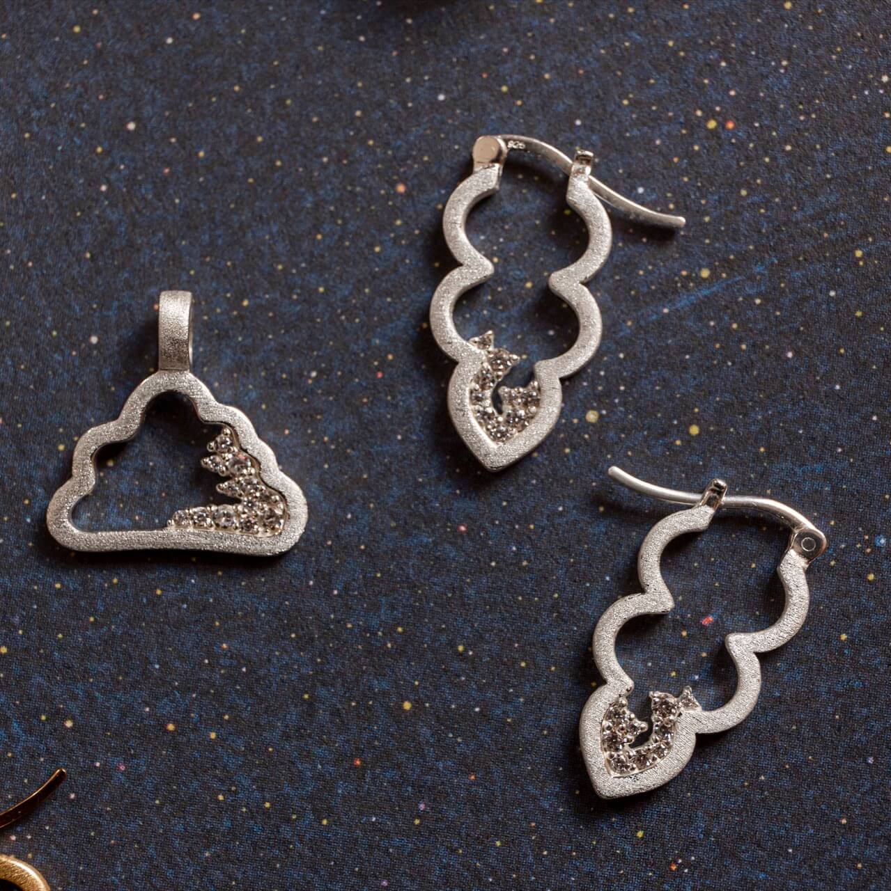 Silver Sparkly Cloud Hoop Earrings and Silver Sparkly Cloud Charm  - Claire Hill Designs