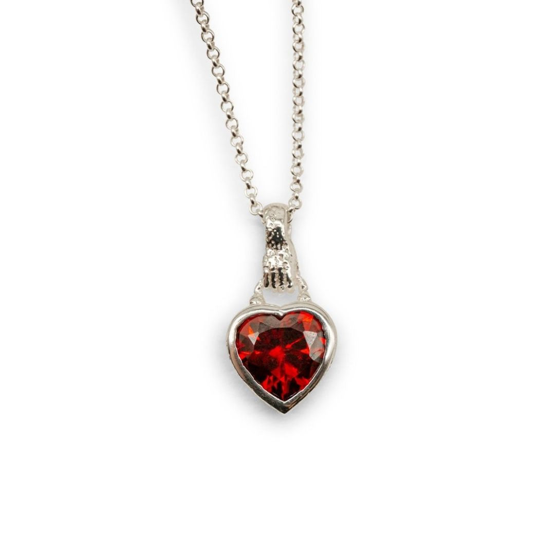 Garnet Heart in Hand Silver Charm Necklace
