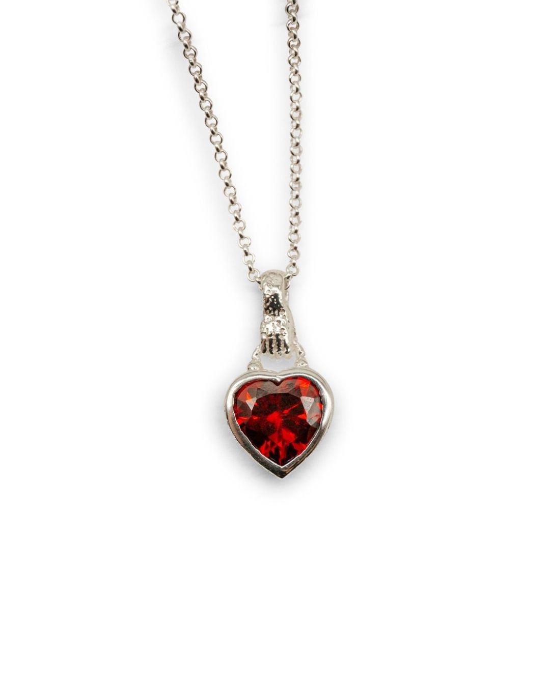 Garnet Heart in Hand Silver Charm Necklace
