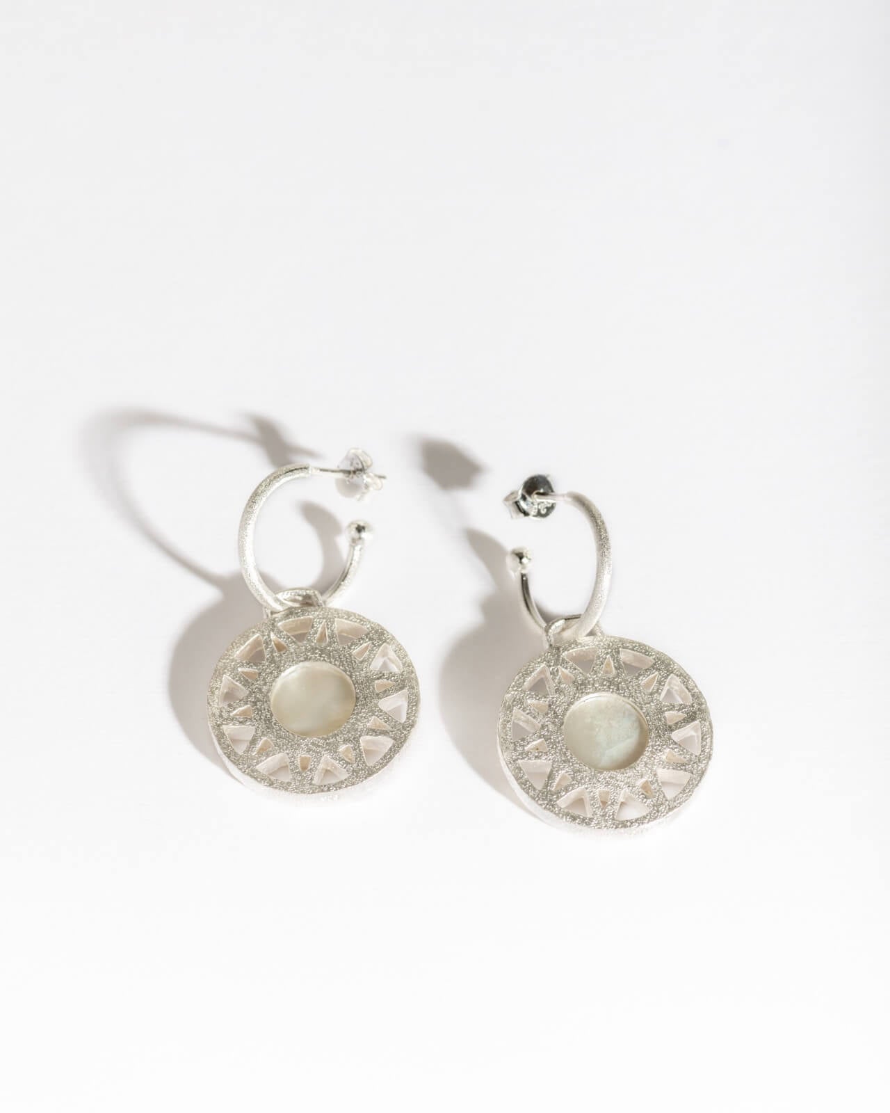 Geometric Mother of Pearl Silver Hoop Earrings