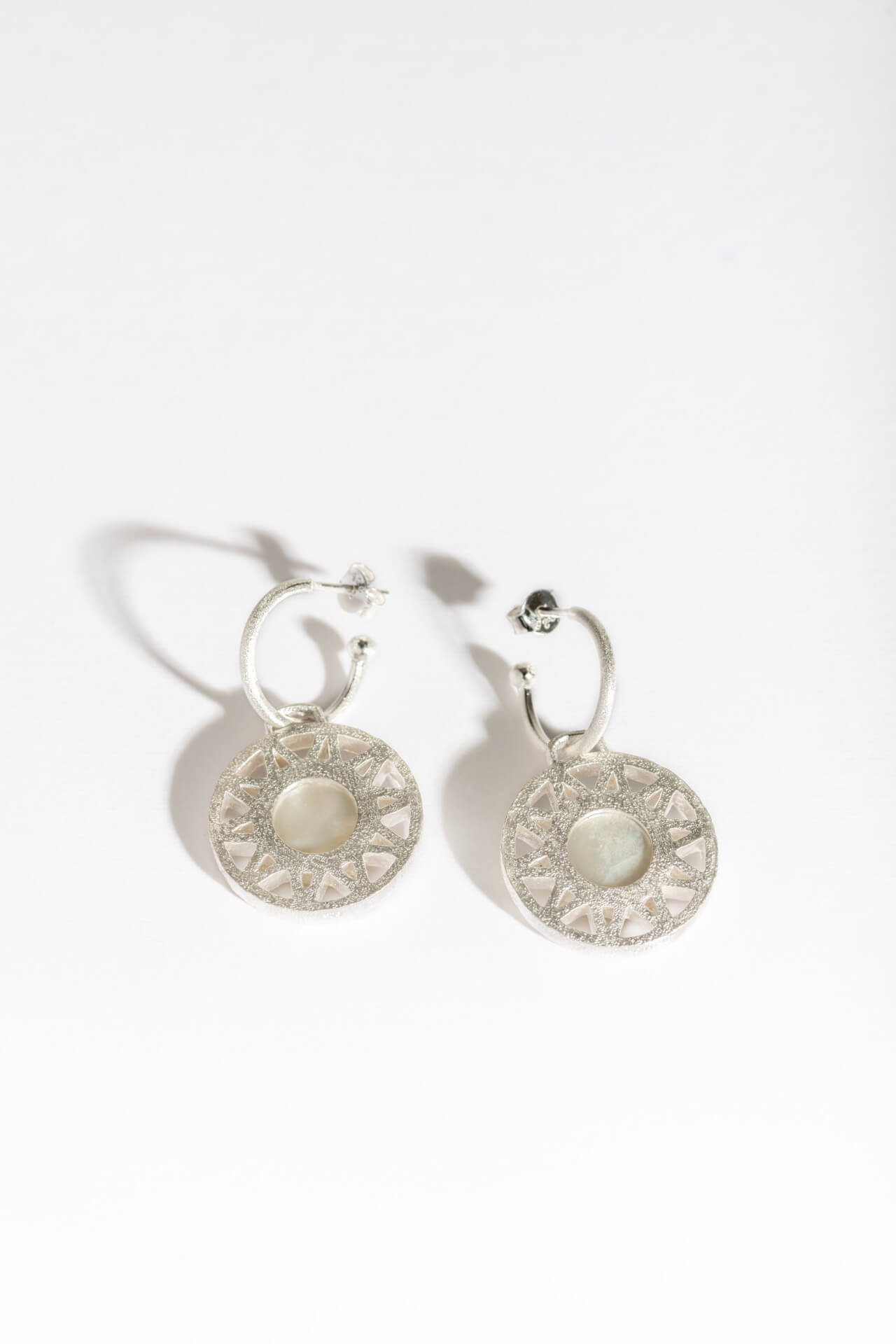 Geometric Mother of Pearl Silver Hoop Earrings