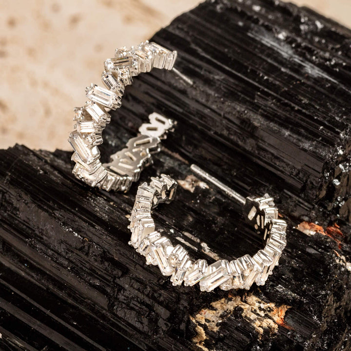 Statement Sparkly Silver Baguette Hoop Earrings (20mm) - close up