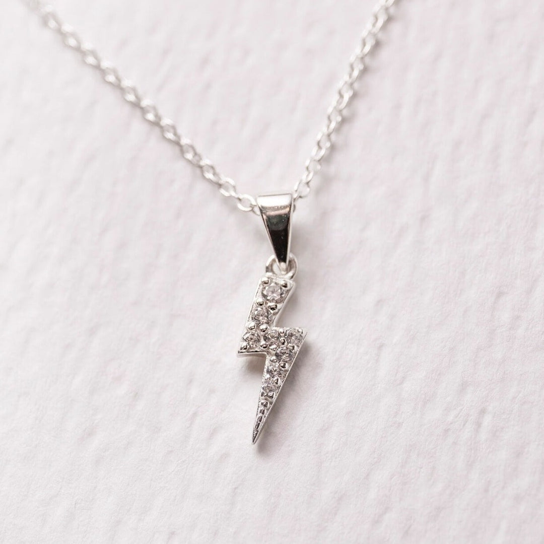 Sparkly Silver Lightning Bolt Necklace - close up