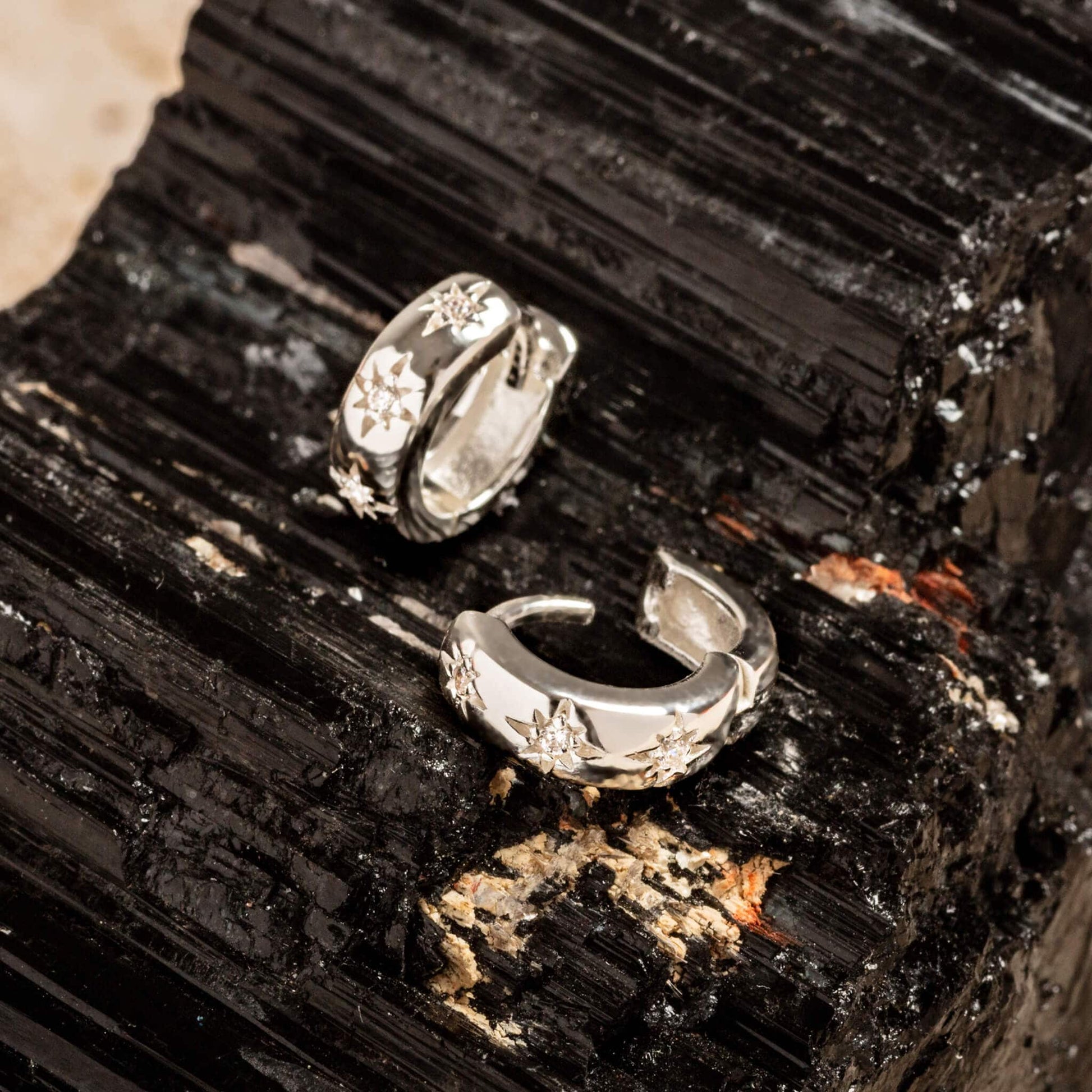 Silver Sparkly Star Huggie Hoop Earrings