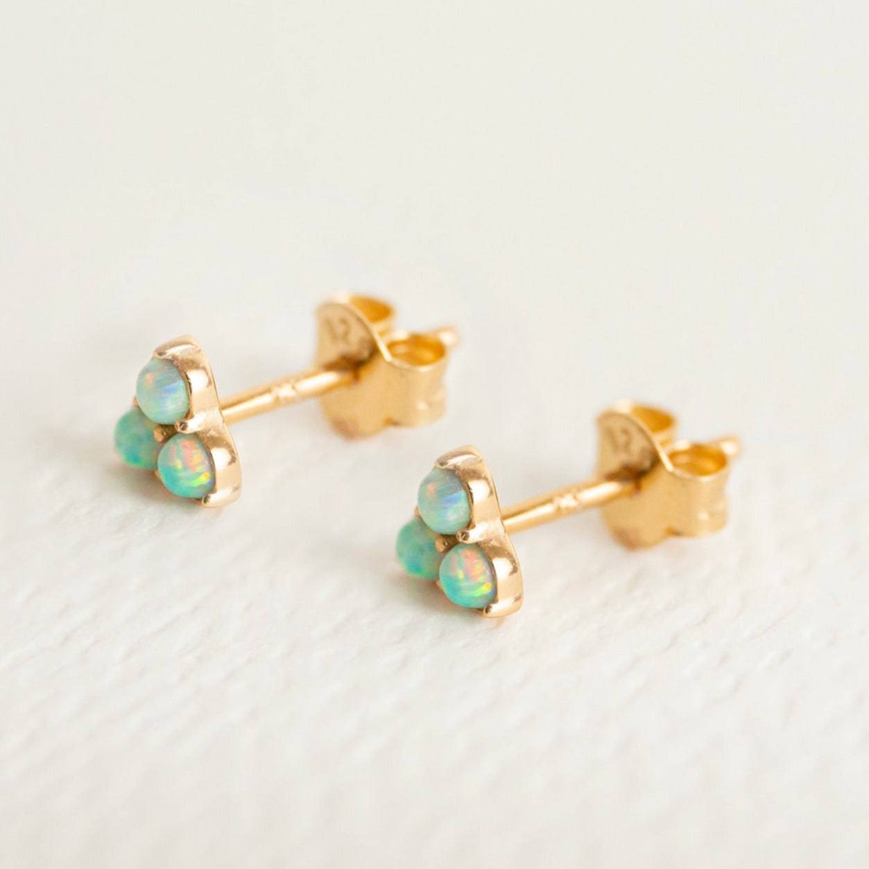 Triple Opal Mini Gold Stud Earrings - side view 