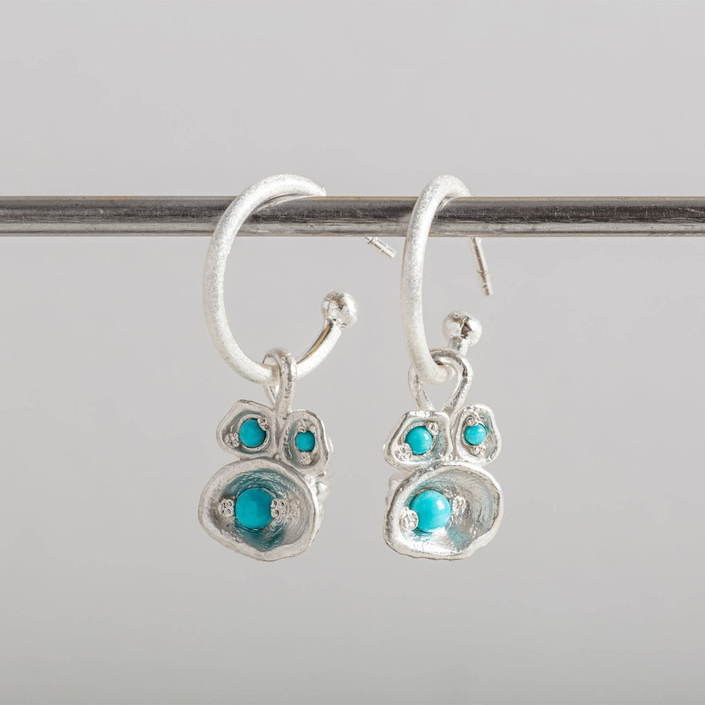 Turquoise and Silver Lichen Birthstone Hoop Earrings