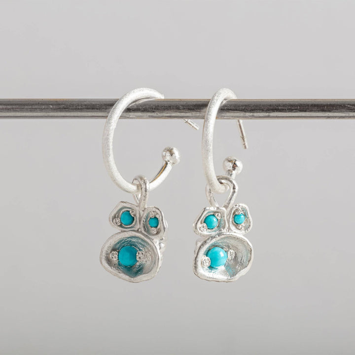 Turquoise and Silver Lichen Birthstone Hoop Earrings