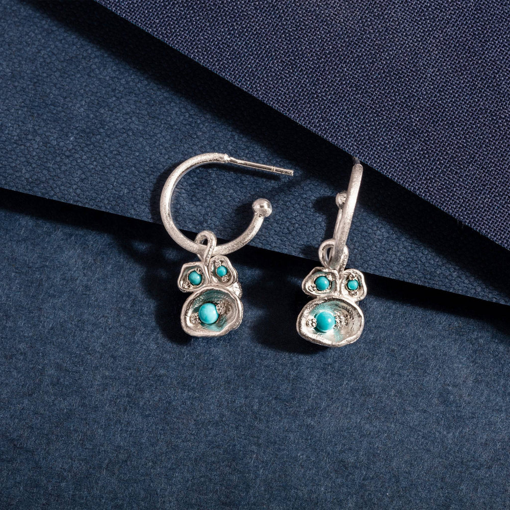Turquoise and Silver Lichen Birthstone Hoop Earrings