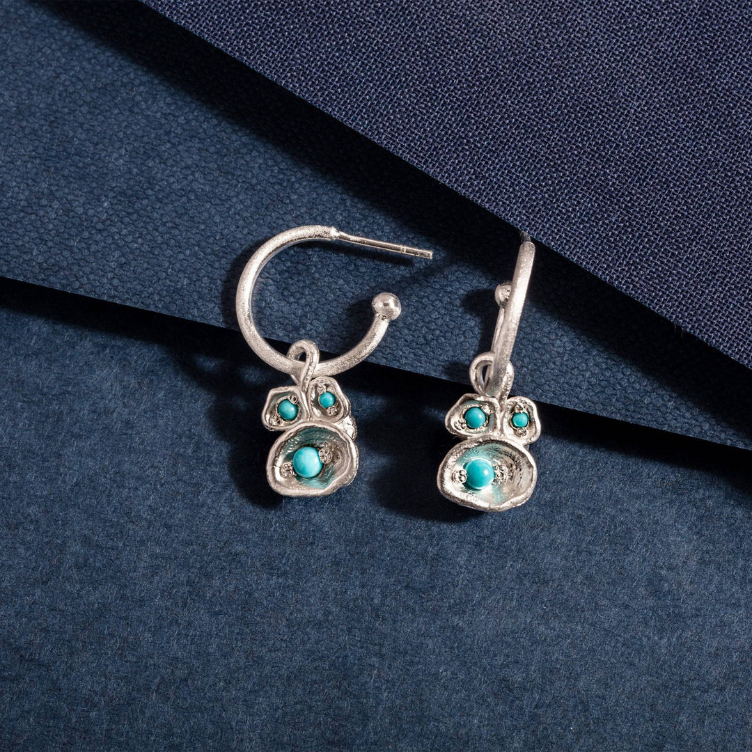Turquoise and Silver Lichen Birthstone Hoop Earrings